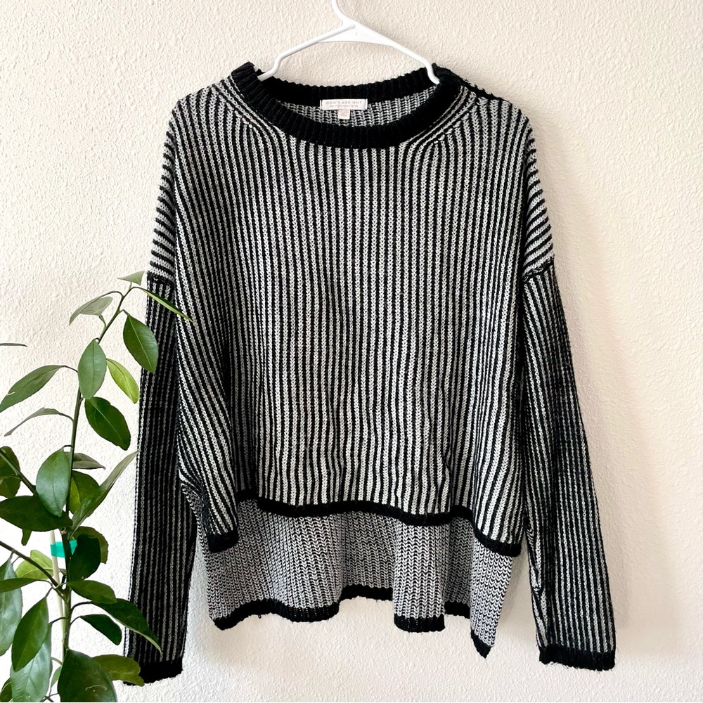 “don’t ask why” black and white stripe high low cropped sweater